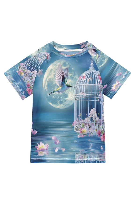 Summer T-shirt Sunscreen Hummingbird Cage Flowers Moonlit Scene Pattern Swim Tops