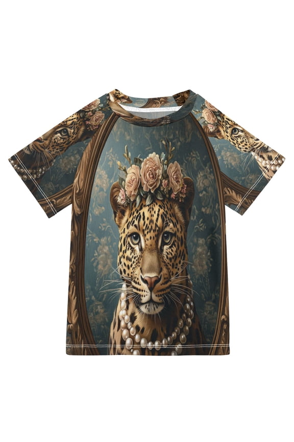 Summer T-shirt Sunscreen Leopard with Floral Crown Pearls Pattern Swim Tops