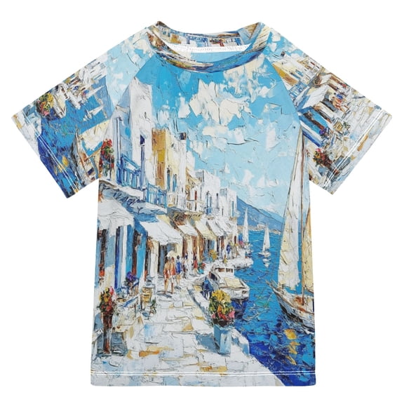 BZSMCE Summer T-shirt Sunscreen Mediterranean Seaside Village Pattern Swim Tops