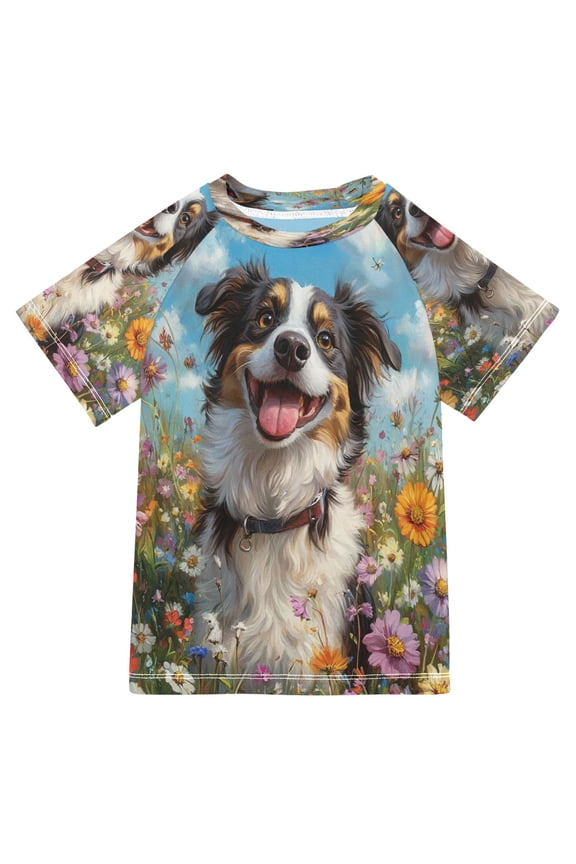 Summer T-shirt Sunscreen Oyful Pup in A Flower Field Pattern Swim Tops