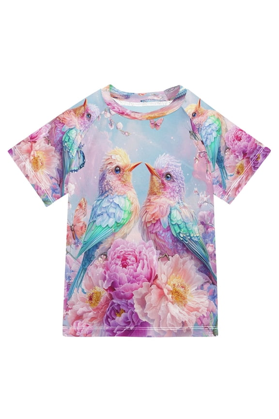 Summer T-shirt Sunscreen Pastel Birds and Butterflies Pattern Swim Tops