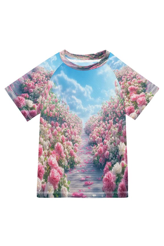 Summer T-shirt Sunscreen Pathway Lined with Pink_roses Pattern Swim Tops