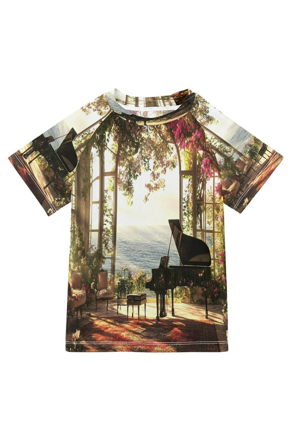 Summer T-shirt Sunscreen Piano in Floral Room Seaside Pattern Swim Tops