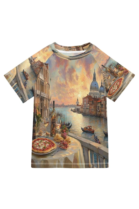 Summer T-shirt Sunscreen Pizza and Wine Overlooking Venice Pattern Swim Tops