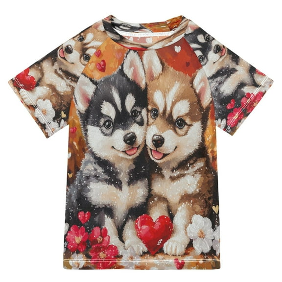 BZSMCE Summer T-shirt Sunscreen Puppies with Flowers and Hearts Pattern Swim Tops