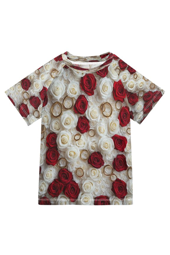 Summer T-shirt Sunscreen Red and White Roses Rings Pattern Swim Tops