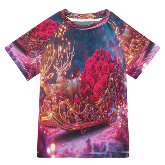 BZSMCE Summer T-shirt Sunscreen Reindeer Pulling Rose Filled Sleigh Pattern Swim Tops