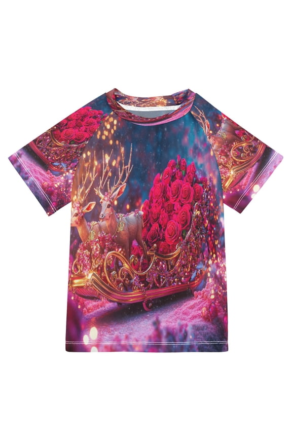 Summer T-shirt Sunscreen Reindeer Pulling Rose Filled Sleigh Pattern Swim Tops