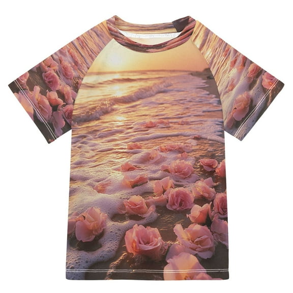 BZSMCE Summer T-shirt Sunscreen Roses on Beach at Sunset Pattern Swim Tops