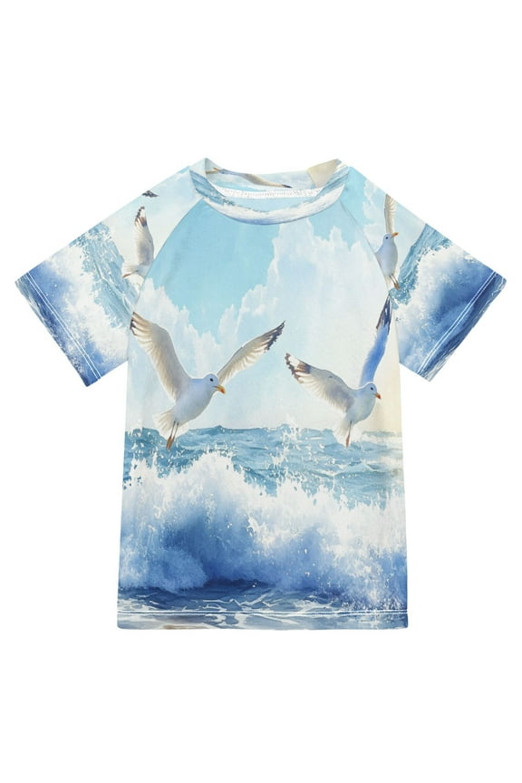 Summer T-shirt Sunscreen Seagulls over Ocean Waves Pattern Swim Tops