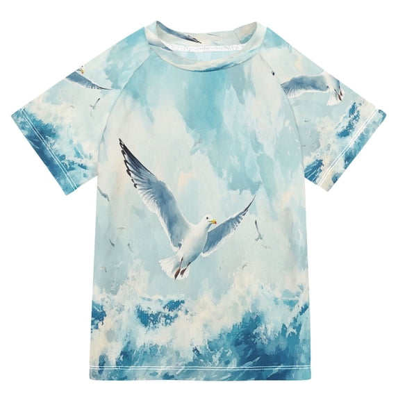 BZSMCE Summer T-shirt Sunscreen Seagulls over Waves Pattern Swim Tops