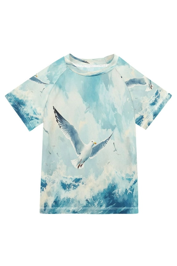 Summer T-shirt Sunscreen Seagulls over Waves Pattern Swim Tops