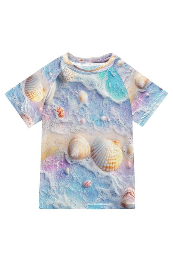 Summer T-shirt Sunscreen Seashells on Sandy Beach Pattern Swim Tops