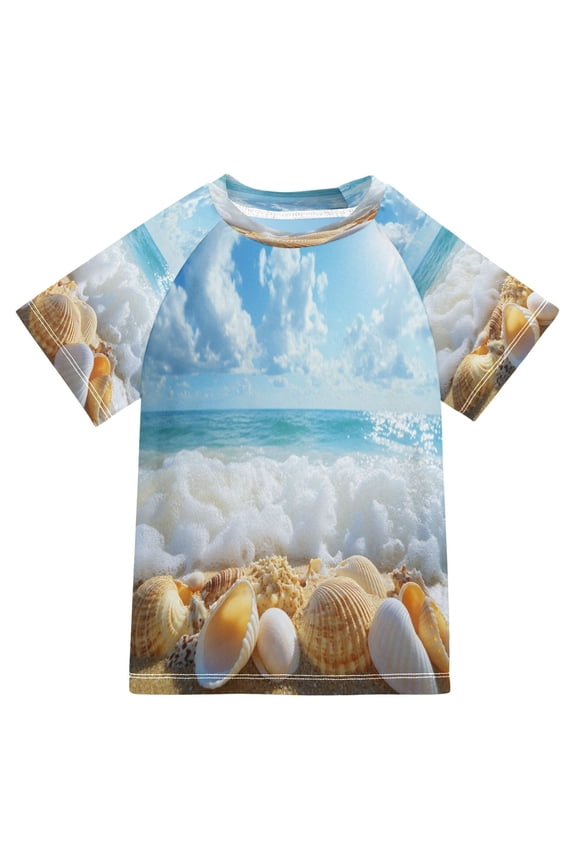 Summer T-shirt Sunscreen Seashells on Sandy Beach Pattern Swim Tops