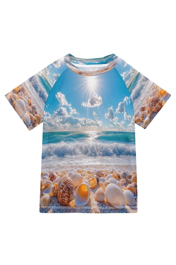 Summer T-shirt Sunscreen Seashells on Sunny Beach Pattern Swim Tops