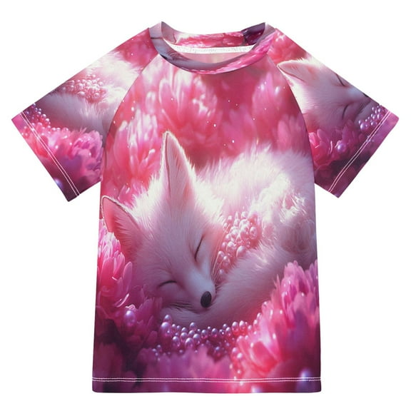 BZSMCE Summer T-shirt Sunscreen Sleeping Fox Pink Flowers Pearls Pattern Swim Tops
