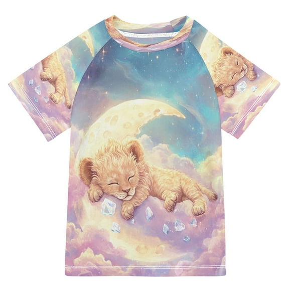 BZSMCE Summer T-shirt Sunscreen Sleeping Lion Cub on Moon Pattern Swim Tops