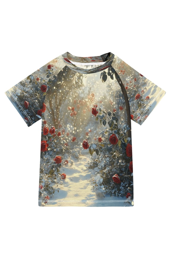 Summer T-shirt Sunscreen Snowy Path with Red Roses Pattern Swim Tops