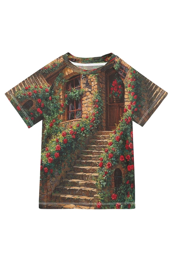 Summer T-shirt Sunscreen Stone Steps with Red Roses Pattern Swim Tops