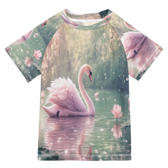 BZSMCE Summer T-shirt Sunscreen Swan on Pond with Flowers Pattern Swim Tops