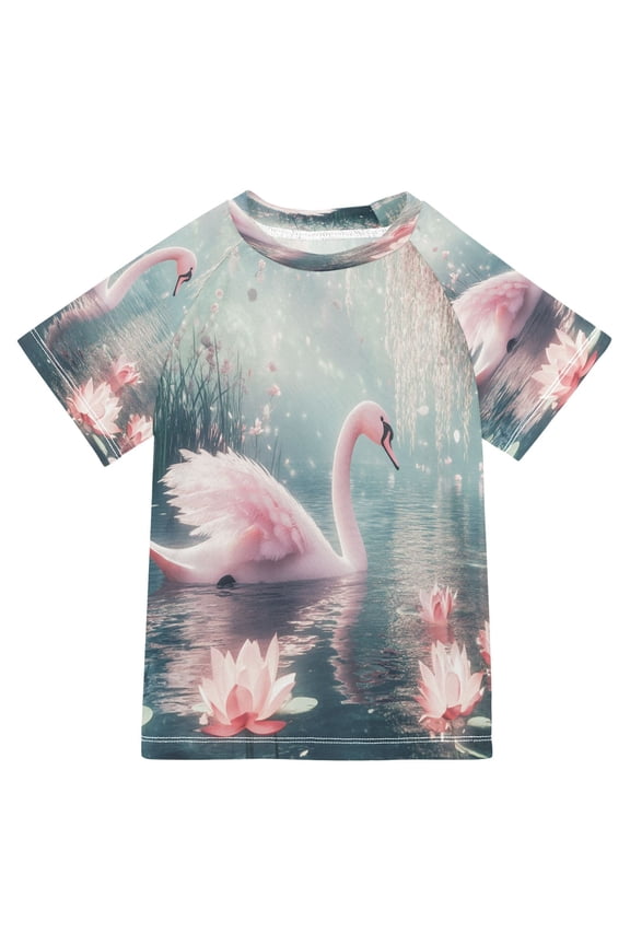Summer T-shirt Sunscreen Swan with Pink Wings Swimming Pattern Swim Tops