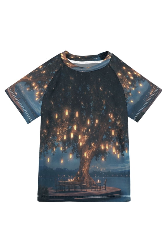 Summer T-shirt Sunscreen Tree with Lanterns by Lakeside Pattern Swim Tops