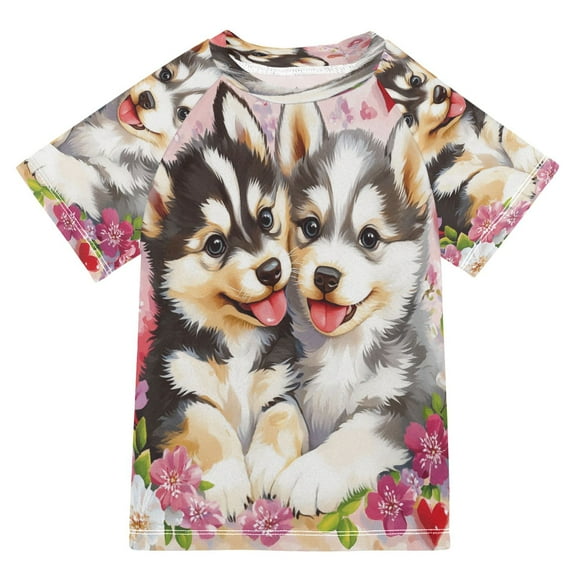 BZSMCE Summer T-shirt Sunscreen Two Puppies Surrounded by Flowers Pattern Swim Tops