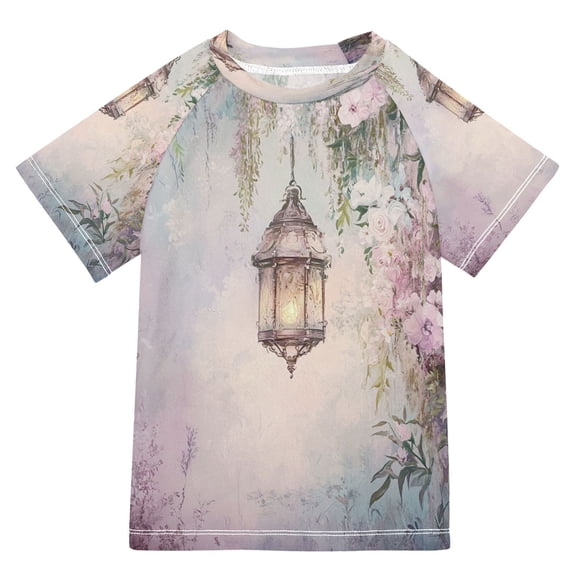 BZSMCE Summer T-shirt Sunscreen Vintage Lamp with Flowers Pattern Swim Tops