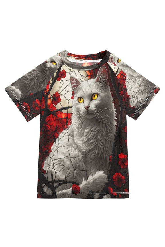 Summer T-shirt Sunscreen White Cat Red Flowers Moon Pattern Swim Tops