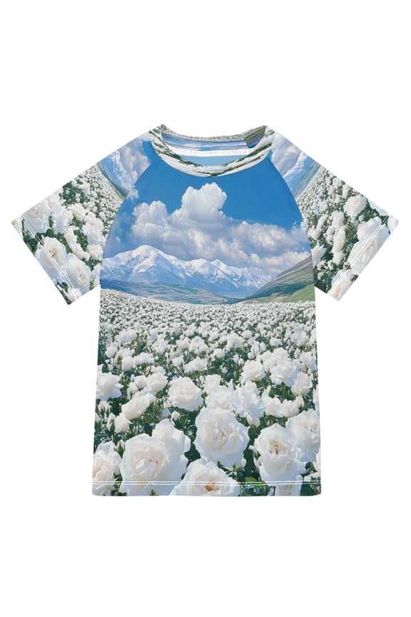Summer T-shirt Sunscreen White Roses Snowy Mountains Sky Pattern Swim Tops