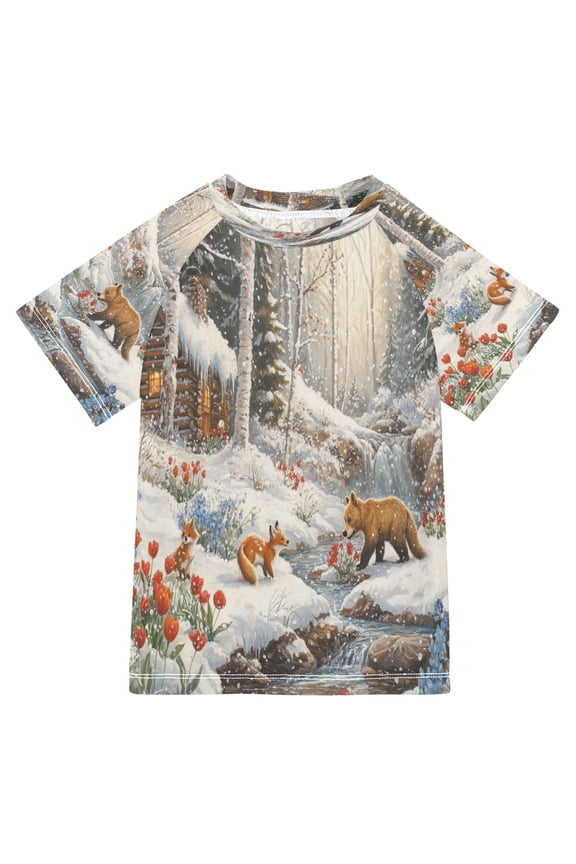 Summer T-shirt Sunscreen Winter Forest with Animals Pattern Swim Tops