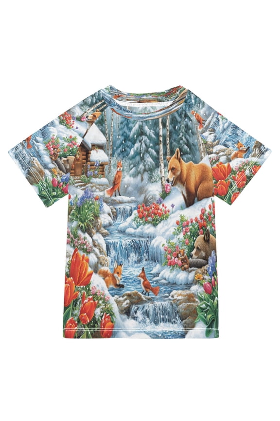 Summer T-shirt Sunscreen Winter Scene with Animals Cabin Pattern Swim Tops