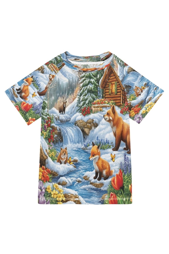 Summer T-shirt Sunscreen Winter Scene with Animals Cabin Pattern Swim Tops