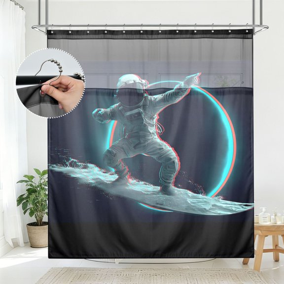 BZSMCE Surfboard Astronaut Moon Pattern Bathroom Shower Curtain Set with Hooks Waterproof Double Layer Fabric 7278 Inch