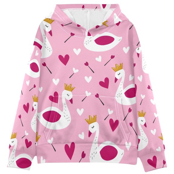 BZSMCE Swan Crown Heart Print Hoodie Casual Pullover Sweatshirt With Kangaroo Pocket