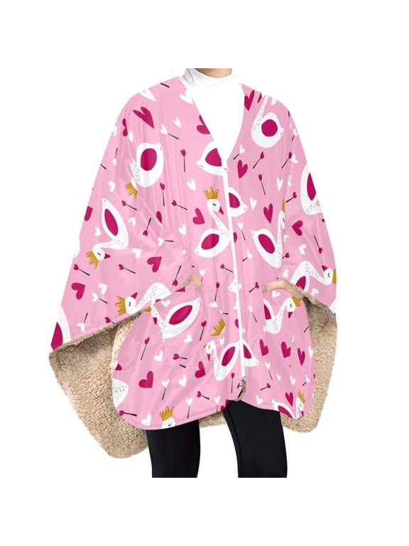 BZSMCE Swan Crown Heart Print Wearable Blanket Poncho DoubleLayer Fleece Sherpa Wrap Blanket With Zipper & Pockets Cozy Sleeveless Warm Throw Blanket