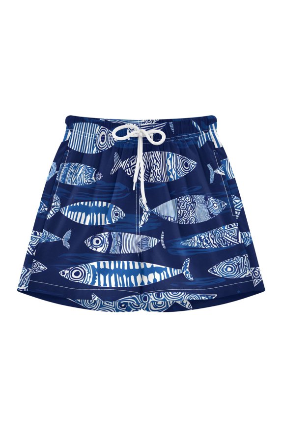 BZSMCE Swim Shorts Blue Abstract Fish Pattern For Quick-Dry Shorts With Anti-Chafe Liner