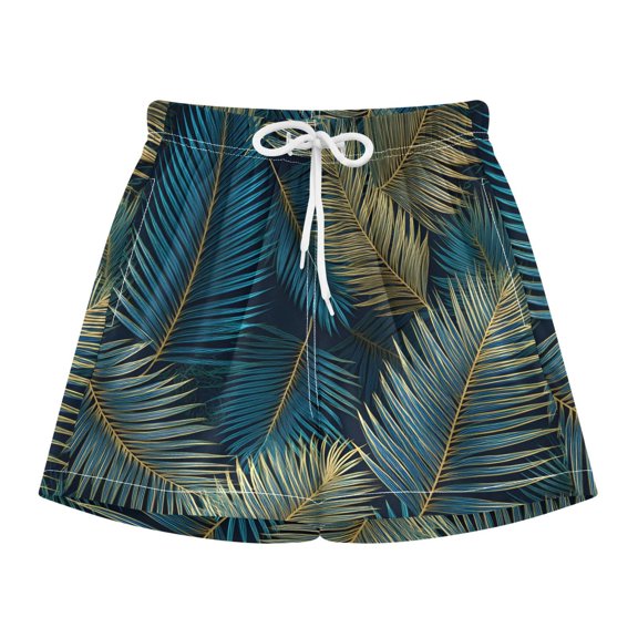 BZSMCE Swim Shorts Blue Gold Palm Leaves Pattern For Quick-Dry Shorts With Anti-Chafe Liner