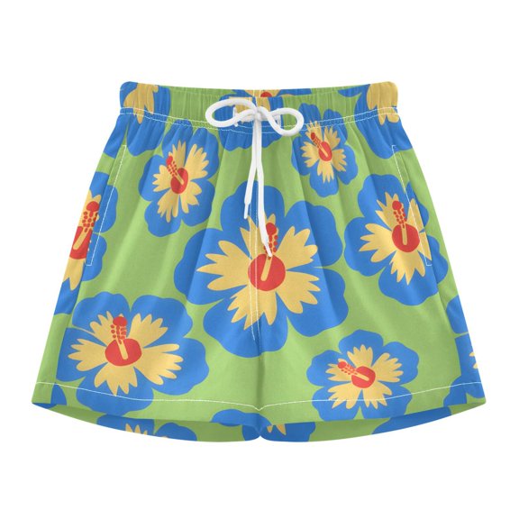 BZSMCE Swim Shorts Blue Yellow Hibiscus Flower Pattern For Quick-Dry Shorts With Anti-Chafe Liner