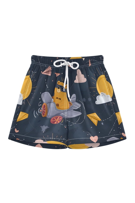 BZSMCE Swim Shorts Brown Bear Flying Plane Pattern For Quick-Dry Shorts With Anti-Chafe Liner