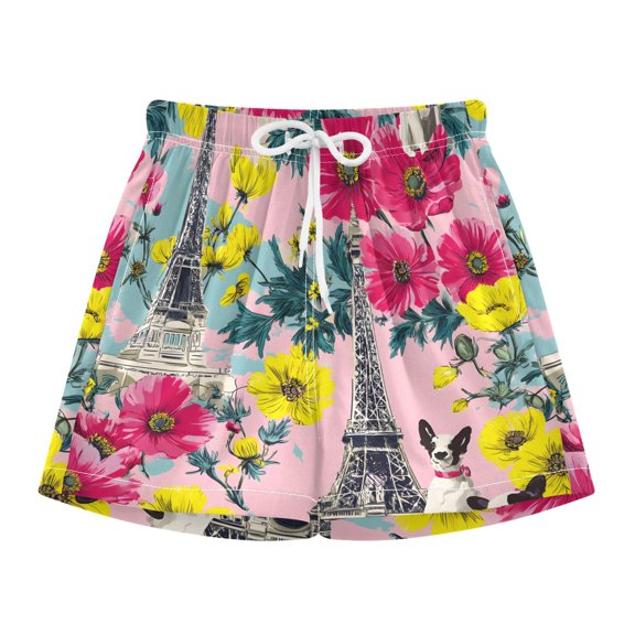 BZSMCE Swim Shorts Eiffeltier Tower Flower Dogs Pattern For Quick-Dry Shorts With Anti-Chafe Liner