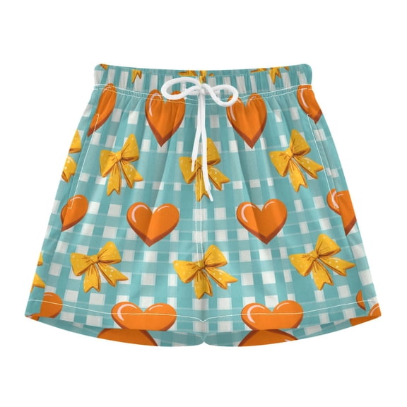 BZSMCE Swim Shorts Orange Hearts and Yellow Bows Pattern For Quick-Dry Shorts With Anti-Chafe Liner
