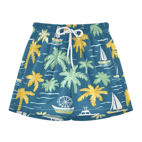 BZSMCE Swim Shorts Palm Trees Sailboat Pattern For Quick-Dry Shorts With Anti-Chafe Liner