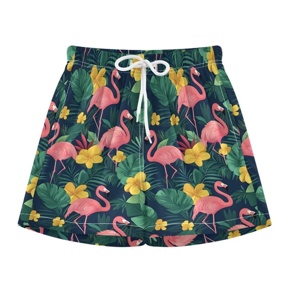 BZSMCE Swim Shorts Pink Flamingo Yellow Flower Pattern For Quick-Dry Shorts With Anti-Chafe Liner