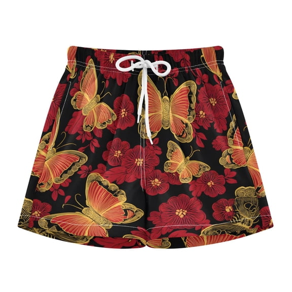 BZSMCE Swim Shorts Red Flower Butterfly Pattern For Quick-Dry Shorts With Anti-Chafe Liner