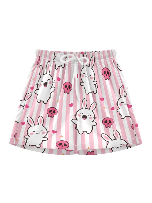 BZSMCE Swim Shorts The Little Rabbit Skull Is Pink and White For Quick-Dry Shorts With Anti-Chafe Liner