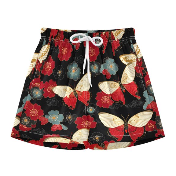 BZSMCE Swim Shorts White Red Butterfly Pattern For Quick-Dry Shorts With Anti-Chafe Liner