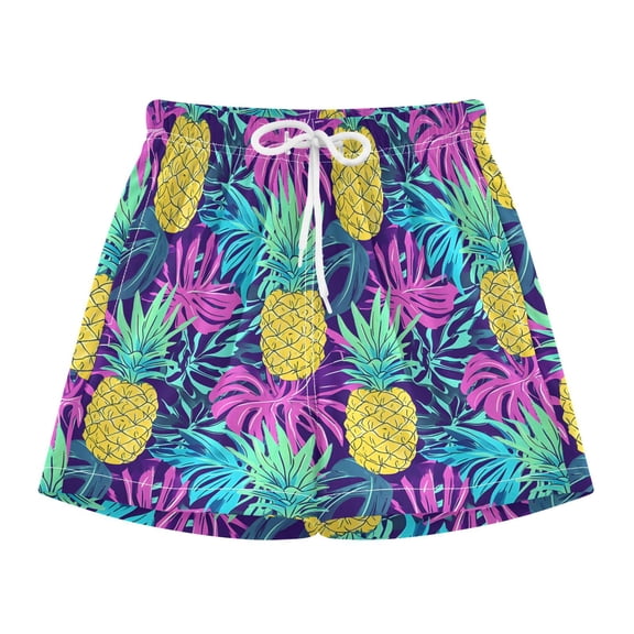 BZSMCE Swim Shorts Yellow Pineapple Purple Leave Pattern For Quick-Dry Shorts With Anti-Chafe Liner