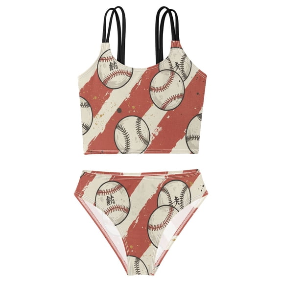 BZSMCE Swimsuit 2-Piece Tank Swimming Wear Quick Dry Bathing Suit-Baseball Red Strips Printed