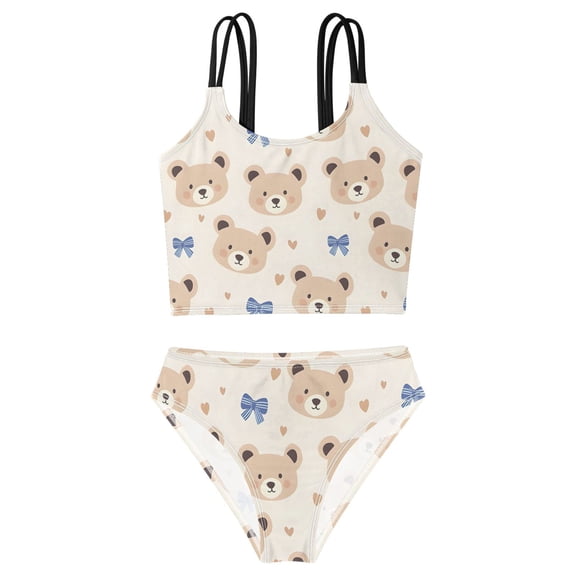 BZSMCE Swimsuit 2-Piece Tank Swimming Wear Quick Dry Bathing Suit-Bear Blue Bow Pattern Printed